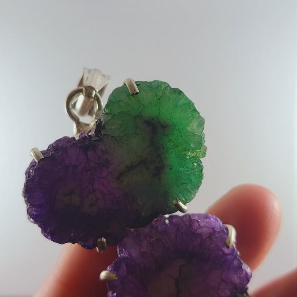 Titanium Druzy Pendant Sterling Silver Green Purple Crystal Slice 3" - Picture 7 of 10